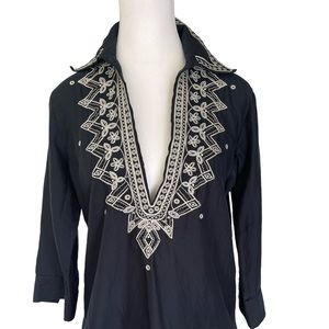 Talbots womens Deep V Neck embroidered 3/4 sleeve Tunic Top Blue & White size 8P